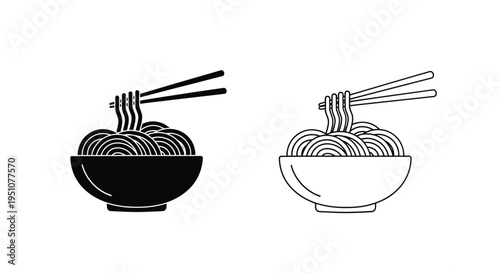 Noodle bowls with chopsticks a black and white graphic illustration