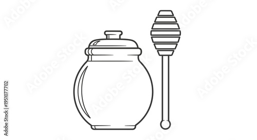 Honey Pot and Dipper Icon Outline - Sweet Natural Food Ingredient