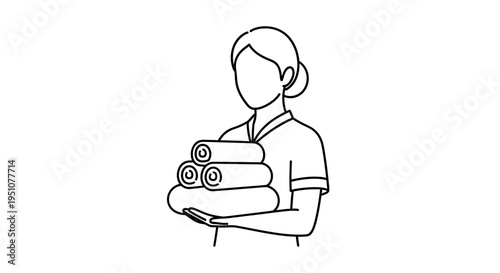 Housekeeper holding clean folded towels, hotel service, hospitality industry icon