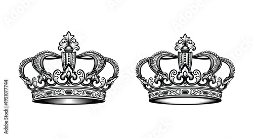 Detailed engravings of two ornate jeweled royal crowns in black and white
