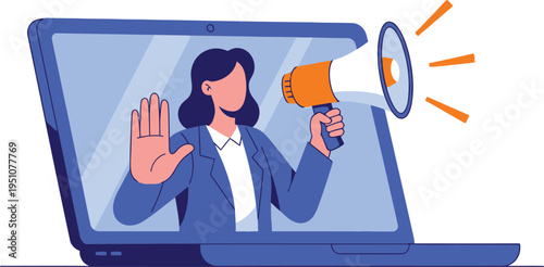 Woman with megaphone emerging from laptop screen making a stop gesture, vector illustration for communication and restriction
