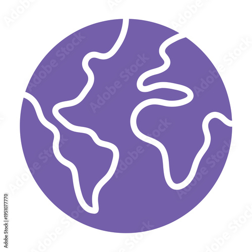 Purple globe icon with white continent outlines on white background symbolizing global connection and earth