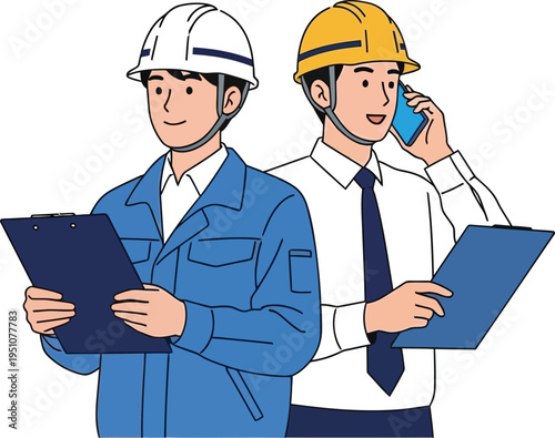 Two construction workers with hard hats, one with clipboard and other talking on phone