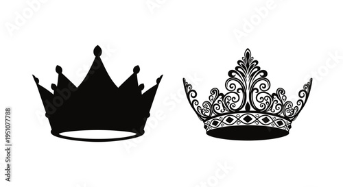 Two ornate crowns are displayed one black and one brown with intricate details