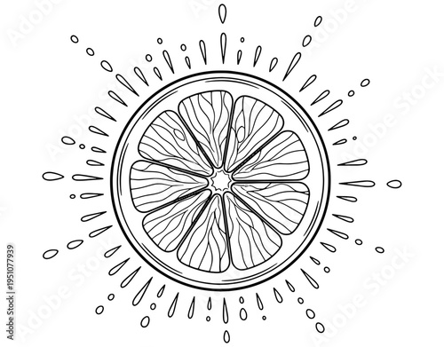 Fresh Orange Slice with Juice Splashes Vector Illustration, Minimalist Outline Icon of Citrus Fruit Cross Section Isolated on White Background for Beverage and Health Design.