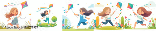 vector of happy little girl playing kite in spring