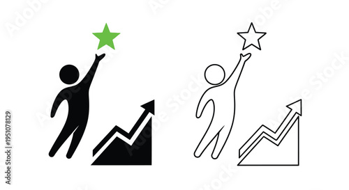 Two depictions of a person reaching for a star with rising graph
