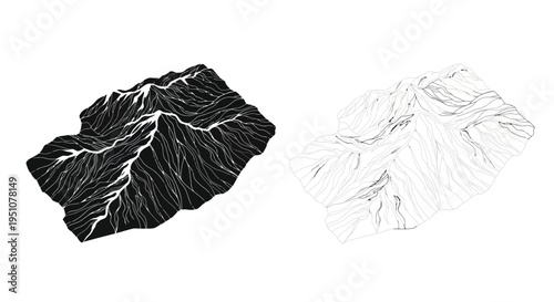 Abstract depictions of mountainous terrain in contrasting black and white