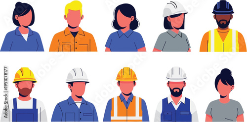 Diverse group of professional worker avatars and industrial characters