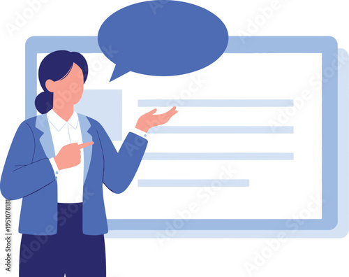 Business woman presenting information on whiteboard with speech bubble