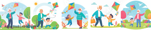 vector of happy grandpa with grandchild playing kite in spring