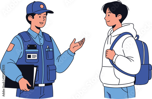 Delivery man talking to a young man with a backpack