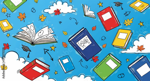 Colorful books and book pages falling from sky with clouds and autumn leaves floating around