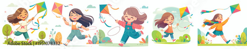 vector of happy little girl playing kite in spring