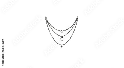 Elegant layered necklace with celestial charms: moon, star, and sun pendant, white background