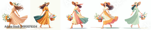 vector woman walking carrying a basket of flowers during spring