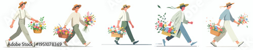 vector man walking carrying a basket of flowers during spring