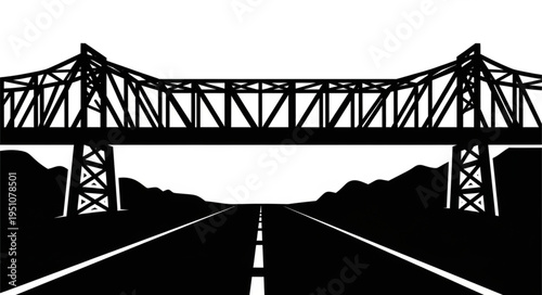 Detailed Black and White Illustration of a Truss Bridge Over a Road.