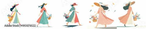vector woman walking carrying a basket of flowers during spring