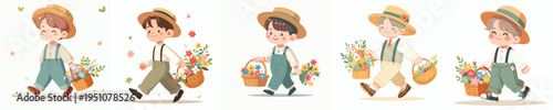 vector little boy walking carrying a basket of flowers with spring costume