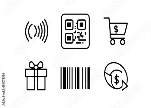 Collection of minimalist line icons illustrating modern retail concepts, digital payment methods, online shopping, and product identification symbols for e-commerce transactions