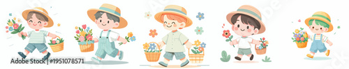 vector little boy walking carrying a basket of flowers with spring costume
