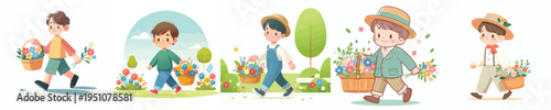vector little boy walking carrying a basket of flowers during spring