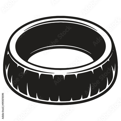 A stylized black and white illustration of a single car tire emphasizing its tread pattern and circular shape presented in a clean graphic design for automotive or mechanical themes