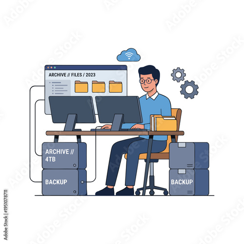 Man working on computer with files and backup boxes nearby office