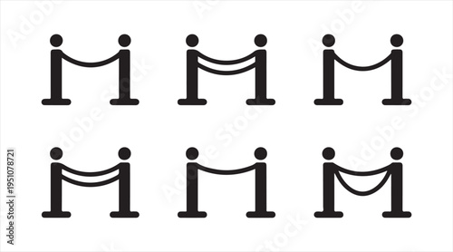 Black rope barrier icon set, queue management and security posts isolated on light background