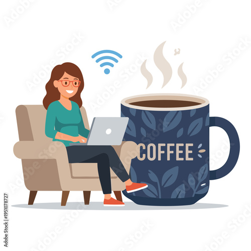 Woman sits on armchair with laptop beside large coffee mug indoors