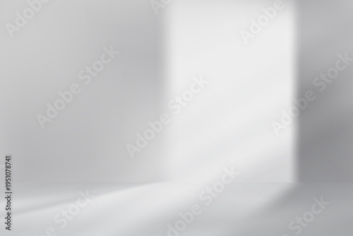 Background white wall.Studio kitchen and light,shadow on floor,Empty grey podium for product cosmetic,Backdrop Room 3d countertop display mockup,Minimal gray gradient color with nature light window  