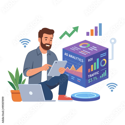 Man analyzes data on tablet with laptop and cube graphics nearby