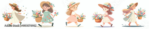 vector little girl walking carrying a basket of flowers with spring costume