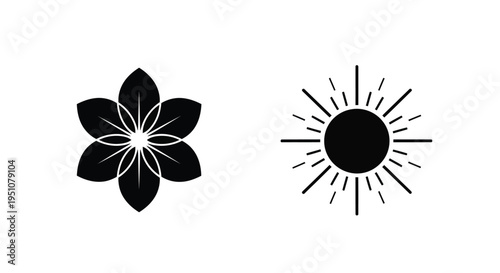 Black and white graphic of a plumeria flower and stylized sun