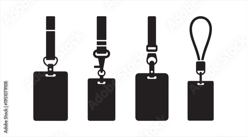 Black ID card and lanyard set, office identification badge holders isolated on light background