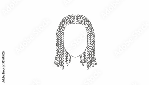 Braided Hairstyle Outline: Detailed Illustration of Box Braids on a White Background