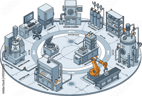 Isometric laboratory vector set with chemical reactor, vacuum chamber, robotic arm, and research equipment