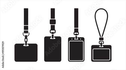 ID badge and lanyard icon set, identification card holders and office access passes in minimal black design