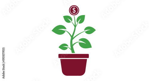 A dollar coin growing as a plant in a red flower pot