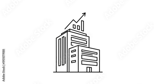 Business growth concept: office building with upward trending graph and arrow