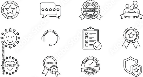 Customer satisfaction and service quality line icon set featuring rating stars feedback guarantee approval loyalty badge support headset and trusted brand symbols
