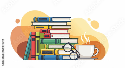 Stack of colorful books with glasses and steaming coffee cup on a cozy background