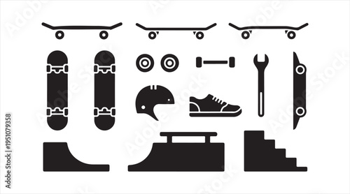 Skateboarding icon set, skateboard gear tools and skatepark ramps in minimal black flat design