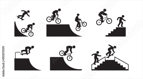 Black BMX bike stunt icon set, freestyle cycling jumps and urban sports symbols isolated on light background