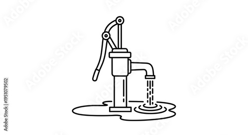 Water Pump Icon: Old Hand Pump Dispensing Water into Puddle, Line Art