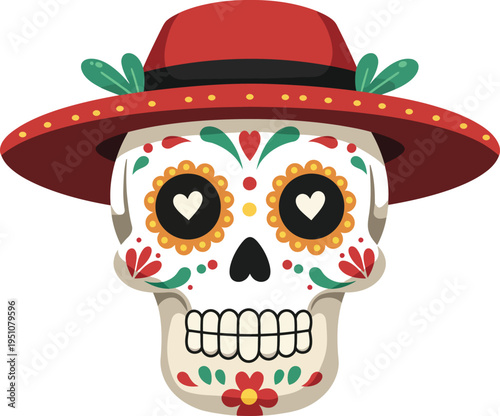 Funny cartoon vector illustration of a skull character wearing a sombrero and mustache as a humorous cowboy mask icon for a gentleman