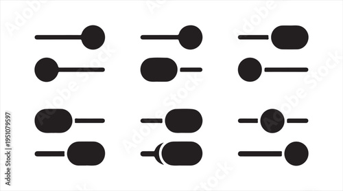 Black minimal audio control bars and sliders, sound mixer UI symbols isolated on light background