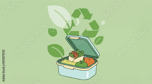 An illustration of an eco friendly lunchbox with food and recycling symbol and leaves