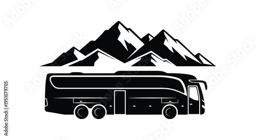 Black silhouette of a tour bus with mountain range backdrop